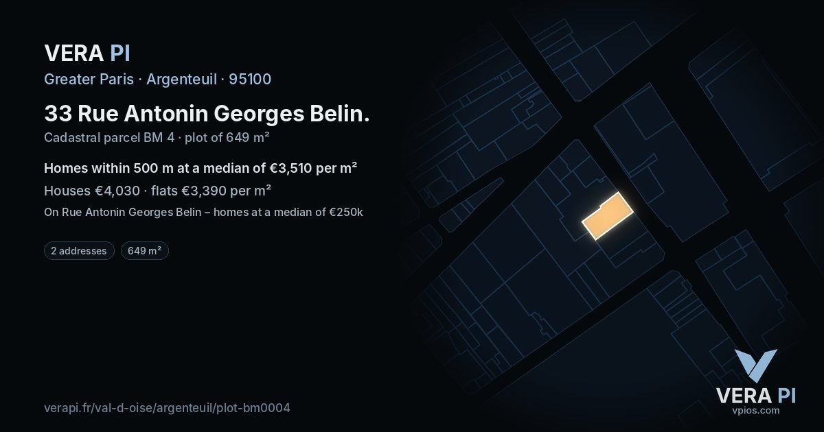 33 Rue Antonin Georges Belin, Argenteuil at night – the plot lit, the parcels around coloured by the prices near them
