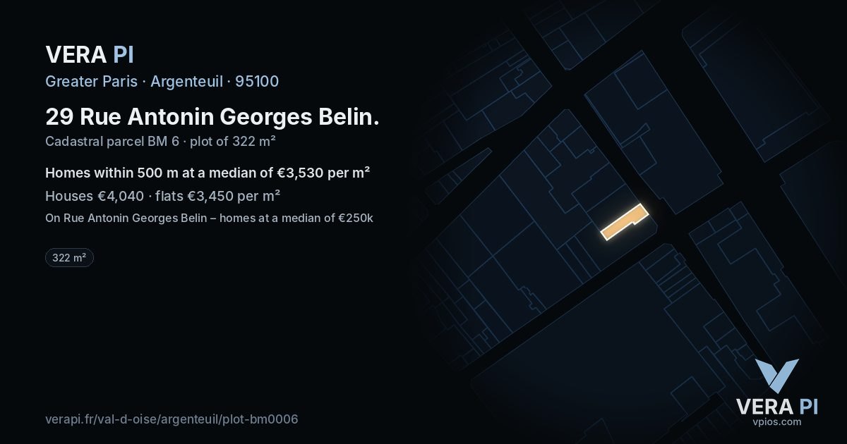 29 Rue Antonin Georges Belin, Argenteuil at night – the plot lit, the parcels around coloured by the prices near them
