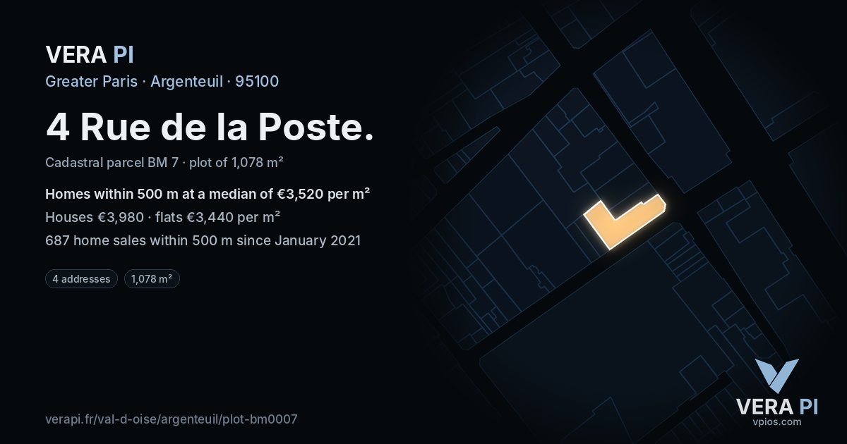 4 Rue de la Poste, Argenteuil at night – the plot lit, the parcels around coloured by the prices near them