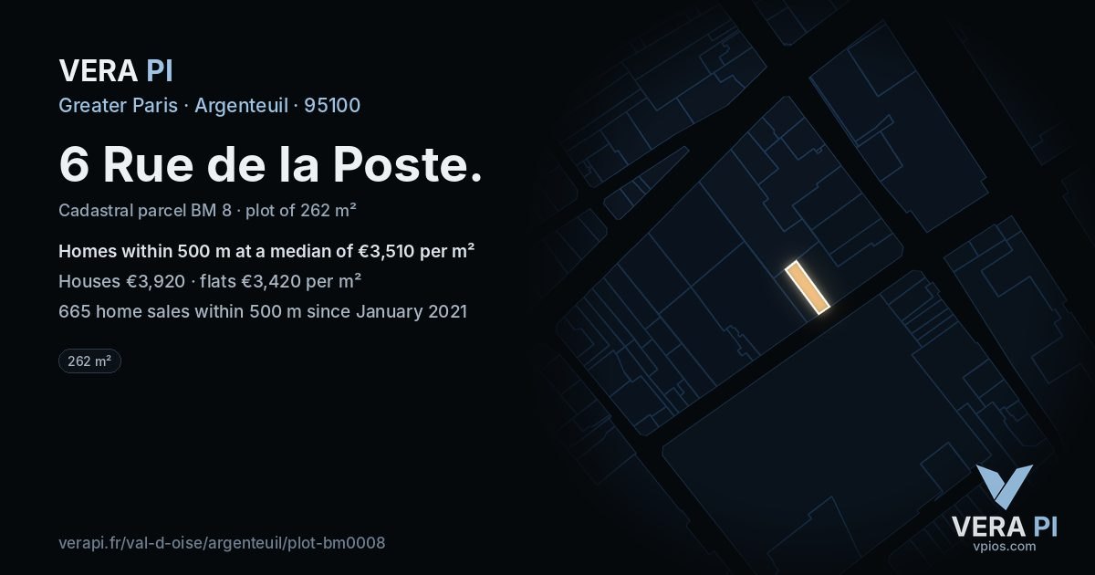 6 Rue de la Poste, Argenteuil at night – the plot lit, the parcels around coloured by the prices near them