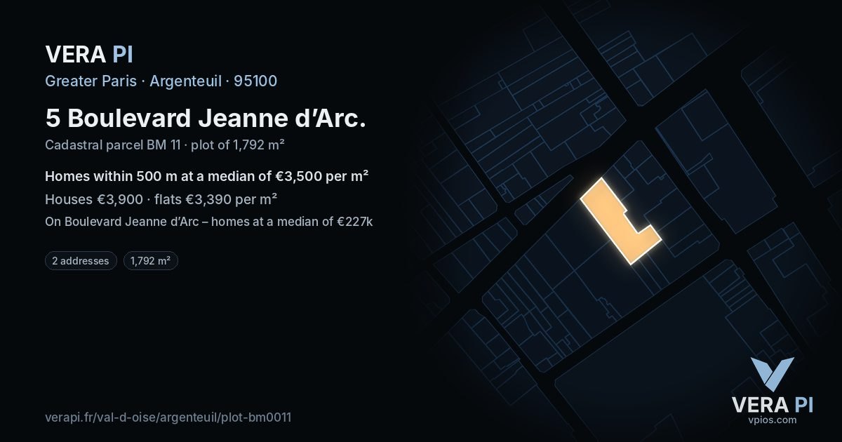 5 Boulevard Jeanne d’Arc, Argenteuil at night – the plot lit, the parcels around coloured by the prices near them