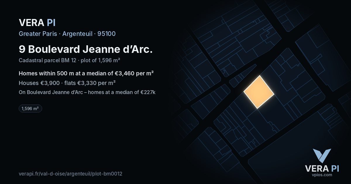 9 Boulevard Jeanne d’Arc, Argenteuil at night – the plot lit, the parcels around coloured by the prices near them