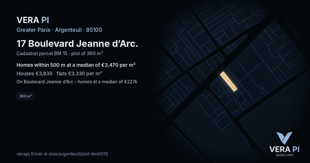 17 Boulevard Jeanne d’Arc, Argenteuil at night – the plot lit, the parcels around coloured by the prices near them