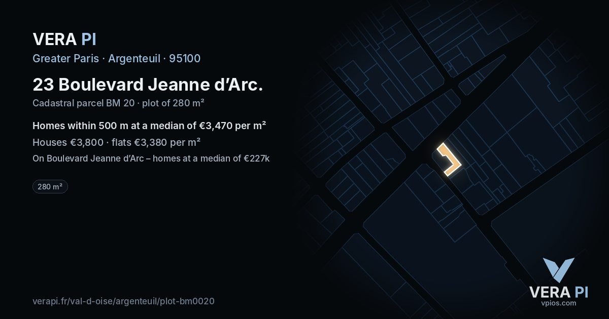 23 Boulevard Jeanne d’Arc, Argenteuil at night – the plot lit, the parcels around coloured by the prices near them