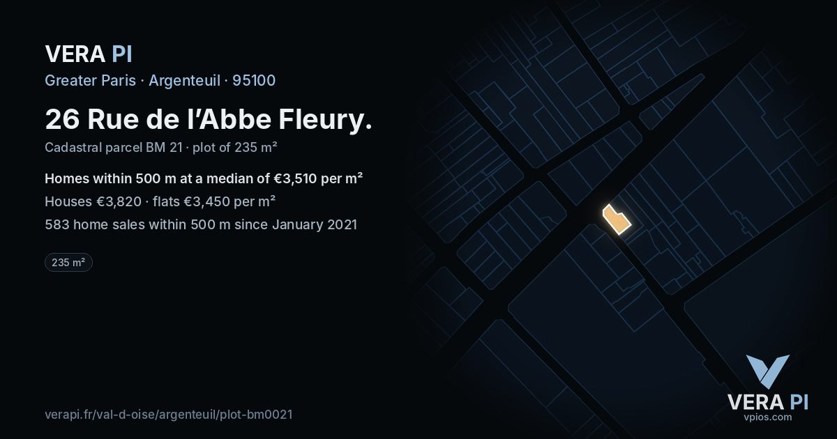 26 Rue de l’Abbe Fleury, Argenteuil at night – the plot lit, the parcels around coloured by the prices near them