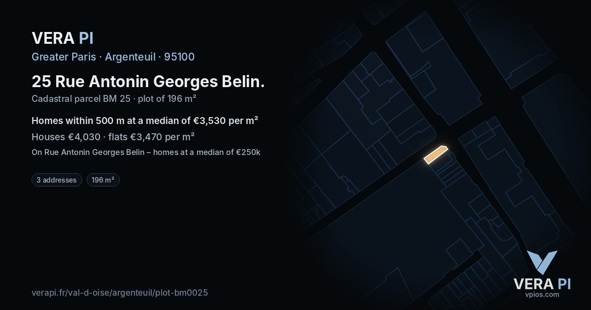 25 Rue Antonin Georges Belin, Argenteuil at night – the plot lit, the parcels around coloured by the prices near them