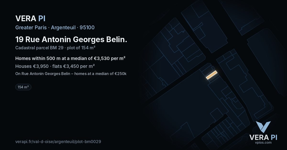 19 Rue Antonin Georges Belin, Argenteuil at night – the plot lit, the parcels around coloured by the prices near them