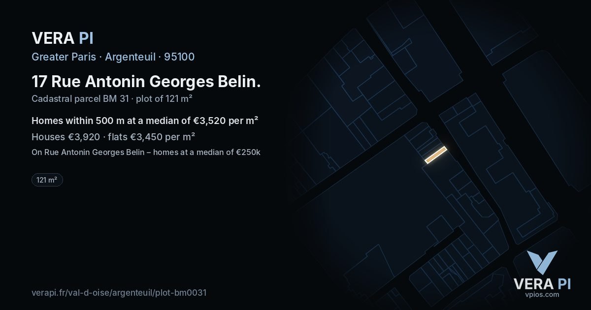 17 Rue Antonin Georges Belin, Argenteuil at night – the plot lit, the parcels around coloured by the prices near them