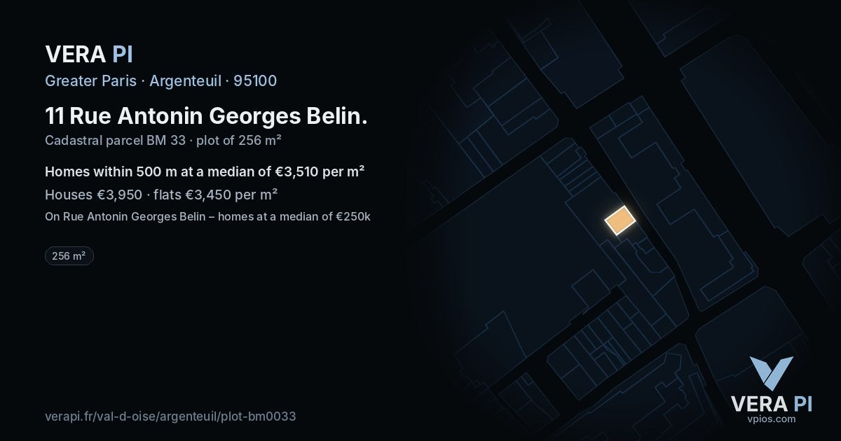11 Rue Antonin Georges Belin, Argenteuil at night – the plot lit, the parcels around coloured by the prices near them