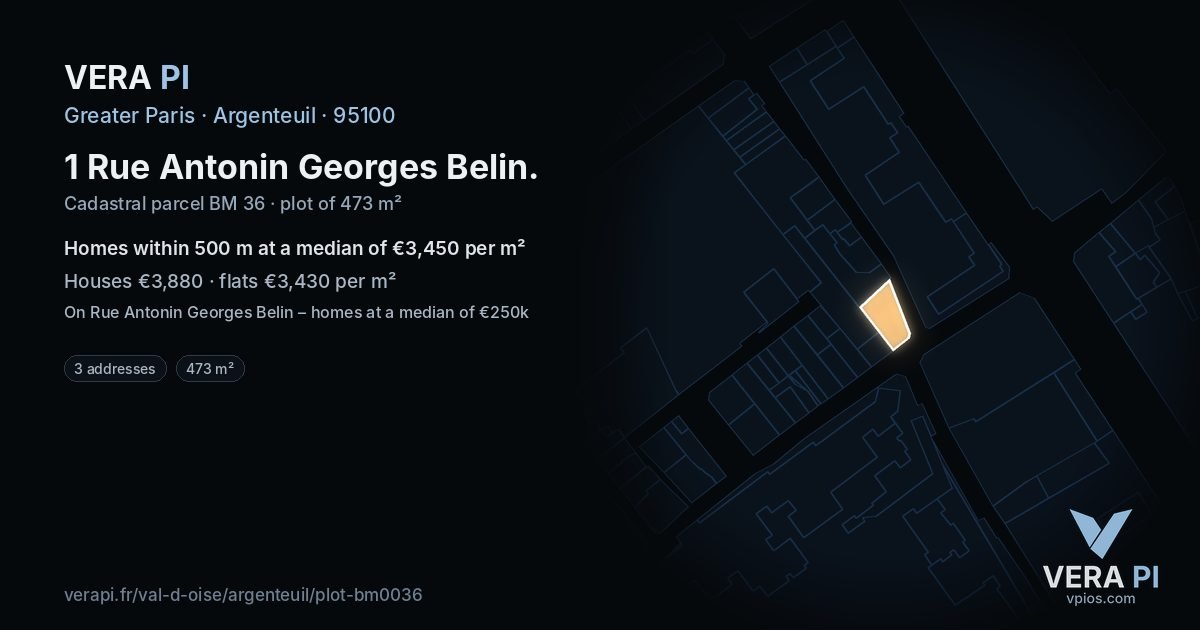 1 Rue Antonin Georges Belin, Argenteuil at night – the plot lit, the parcels around coloured by the prices near them