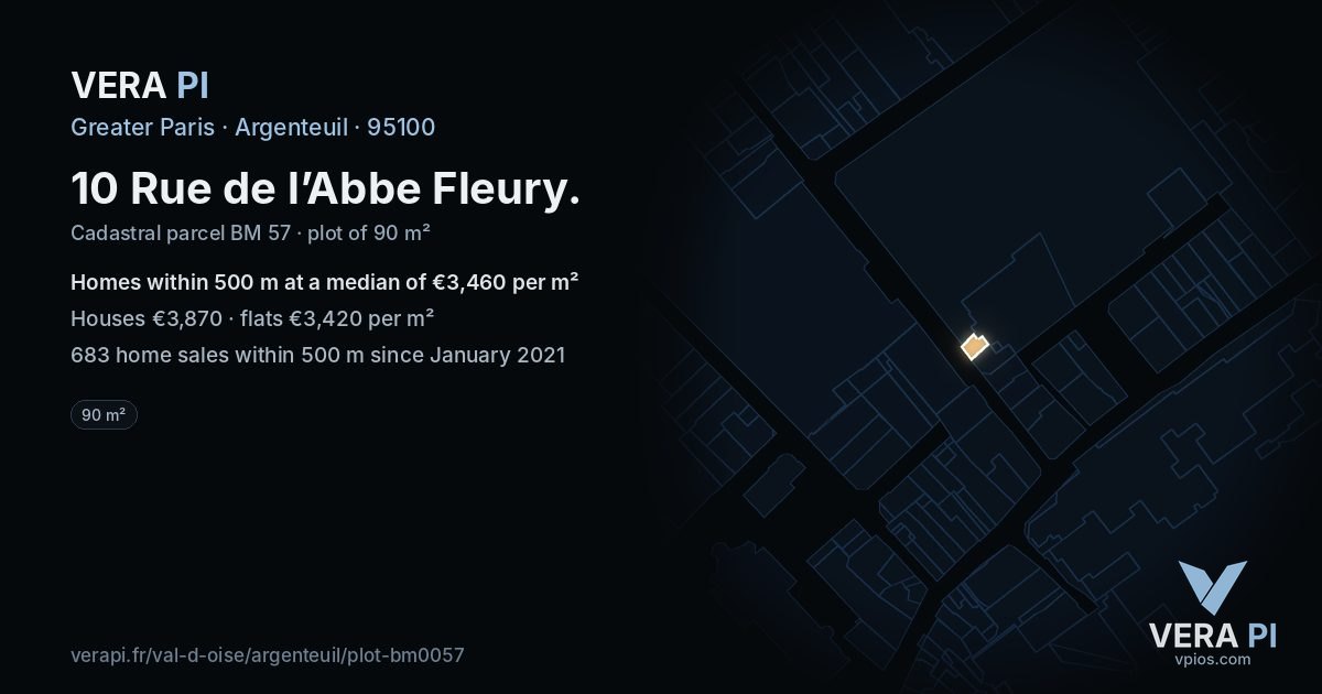 10 Rue de l’Abbe Fleury, Argenteuil at night – the plot lit, the parcels around coloured by the prices near them