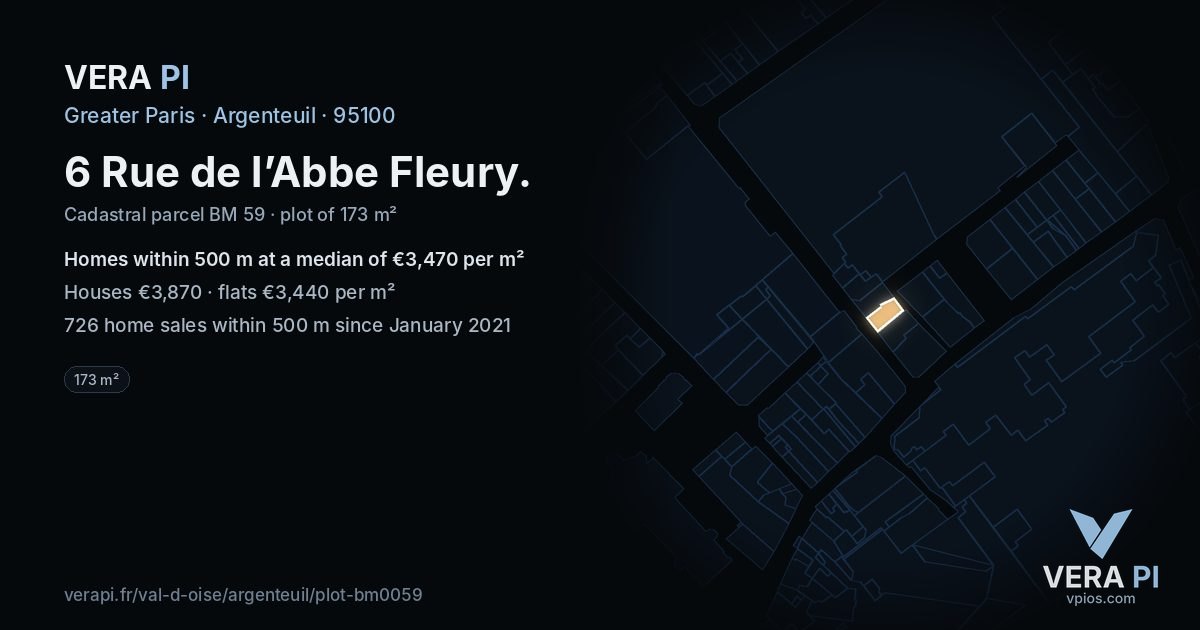 6 Rue de l’Abbe Fleury, Argenteuil at night – the plot lit, the parcels around coloured by the prices near them