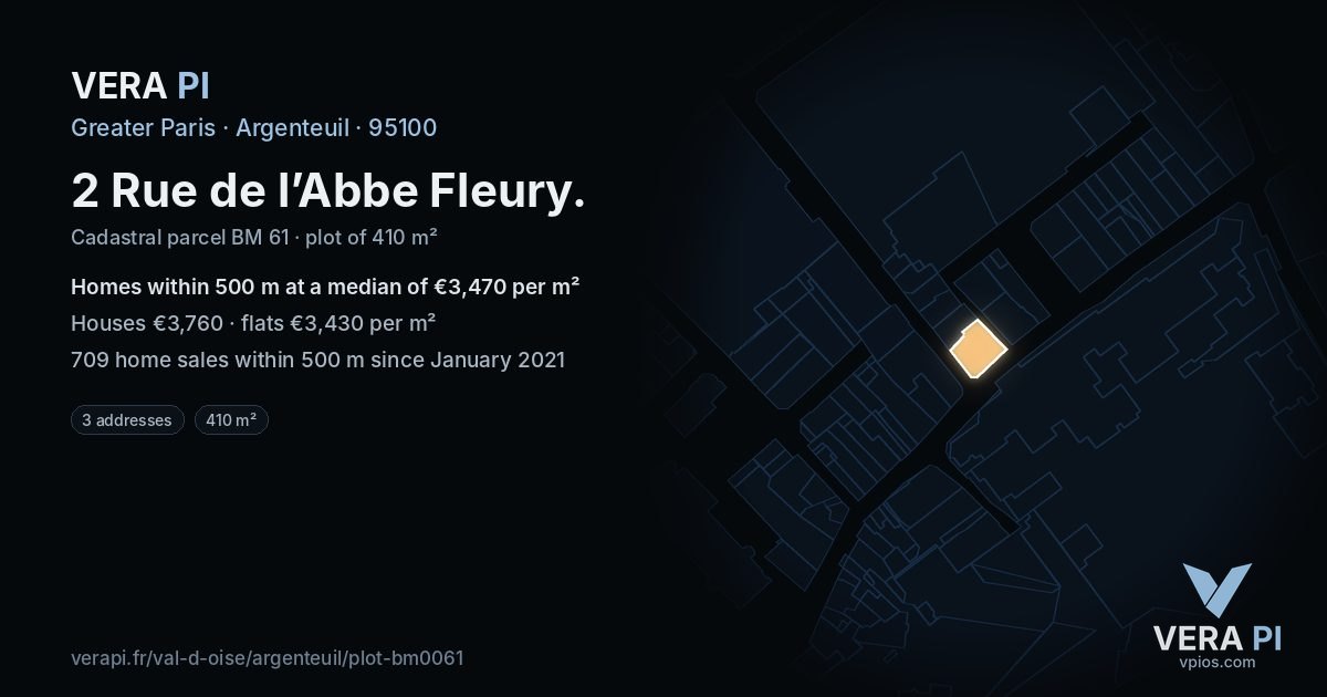 2 Rue de l’Abbe Fleury, Argenteuil at night – the plot lit, the parcels around coloured by the prices near them