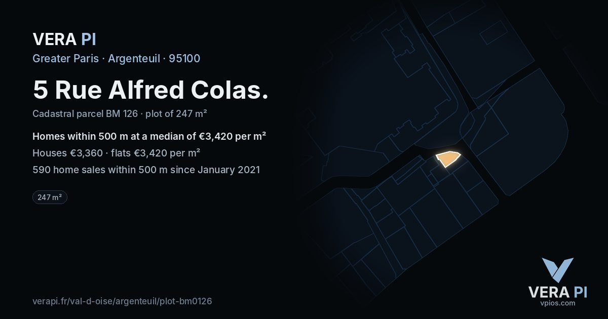 5 Rue Alfred Colas, Argenteuil at night – the plot lit, the parcels around coloured by the prices near them