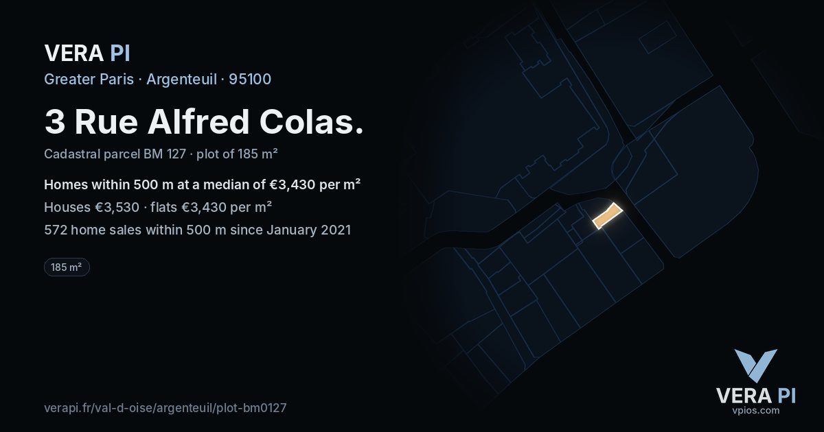 3 Rue Alfred Colas, Argenteuil at night – the plot lit, the parcels around coloured by the prices near them