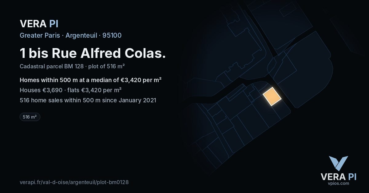 1 bis Rue Alfred Colas, Argenteuil at night – the plot lit, the parcels around coloured by the prices near them