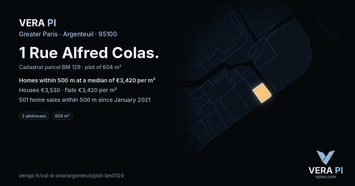 1 Rue Alfred Colas, Argenteuil at night – the plot lit, the parcels around coloured by the prices near them