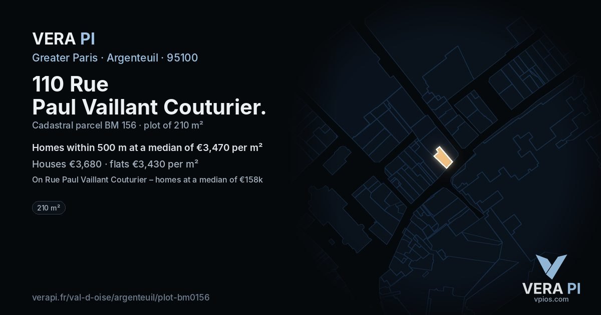 110 Rue Paul Vaillant Couturier, Argenteuil at night – the plot lit, the parcels around coloured by the prices near them