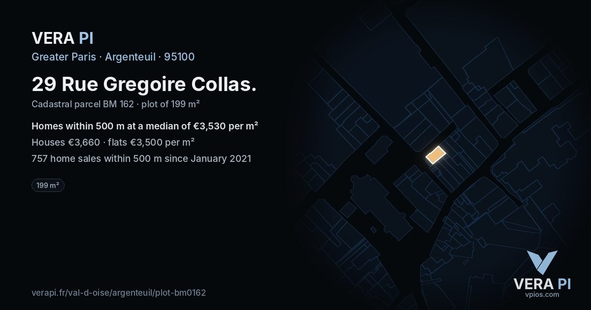 29 Rue Gregoire Collas, Argenteuil at night – the plot lit, the parcels around coloured by the prices near them