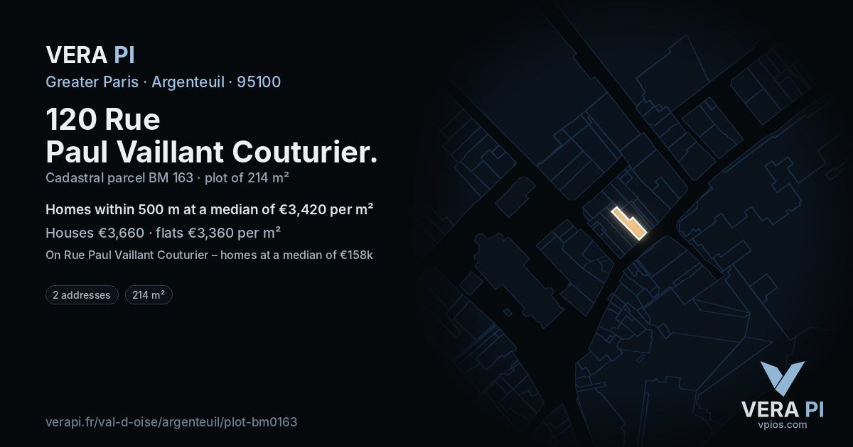 120 Rue Paul Vaillant Couturier, Argenteuil at night – the plot lit, the parcels around coloured by the prices near them