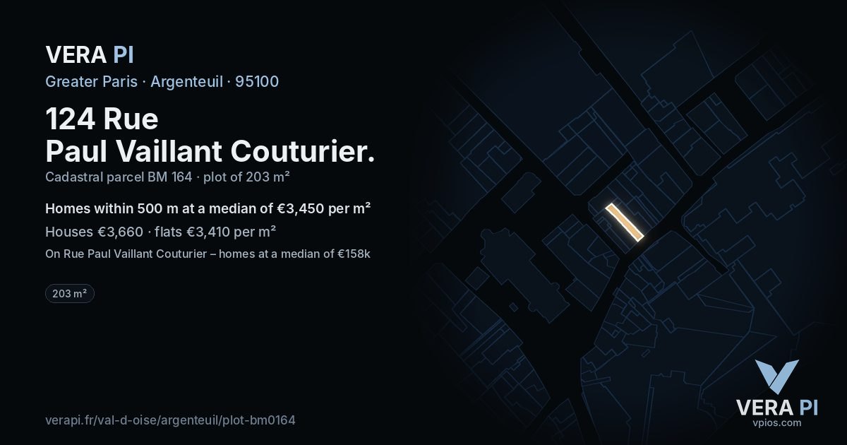 124 Rue Paul Vaillant Couturier, Argenteuil at night – the plot lit, the parcels around coloured by the prices near them