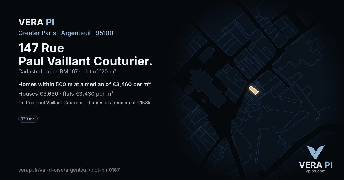 147 Rue Paul Vaillant Couturier, Argenteuil at night – the plot lit, the parcels around coloured by the prices near them