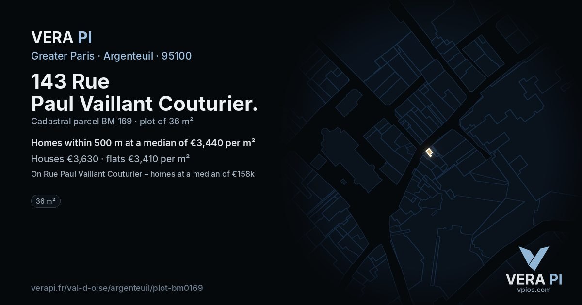 143 Rue Paul Vaillant Couturier, Argenteuil at night – the plot lit, the parcels around coloured by the prices near them