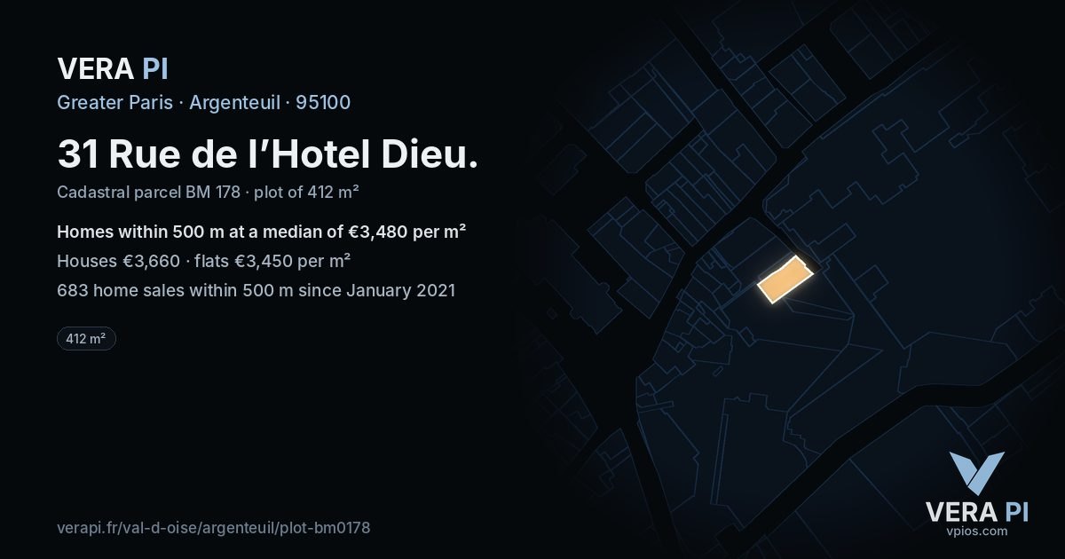 31 Rue de l’Hotel Dieu, Argenteuil at night – the plot lit, the parcels around coloured by the prices near them