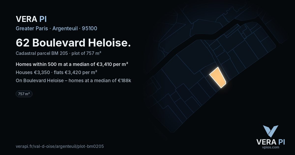 62 Boulevard Heloise, Argenteuil at night – the plot lit, the parcels around coloured by the prices near them