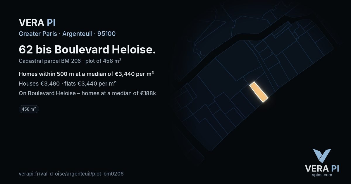 62 bis Boulevard Heloise, Argenteuil at night – the plot lit, the parcels around coloured by the prices near them