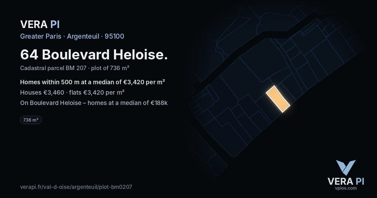 64 Boulevard Heloise, Argenteuil at night – the plot lit, the parcels around coloured by the prices near them