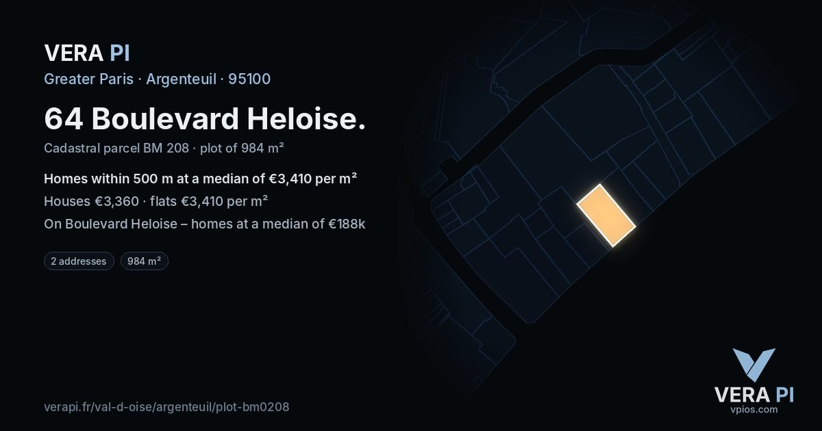 64 Boulevard Heloise, Argenteuil at night – the plot lit, the parcels around coloured by the prices near them