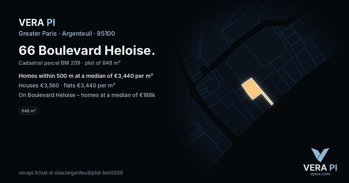 66 Boulevard Heloise, Argenteuil at night – the plot lit, the parcels around coloured by the prices near them