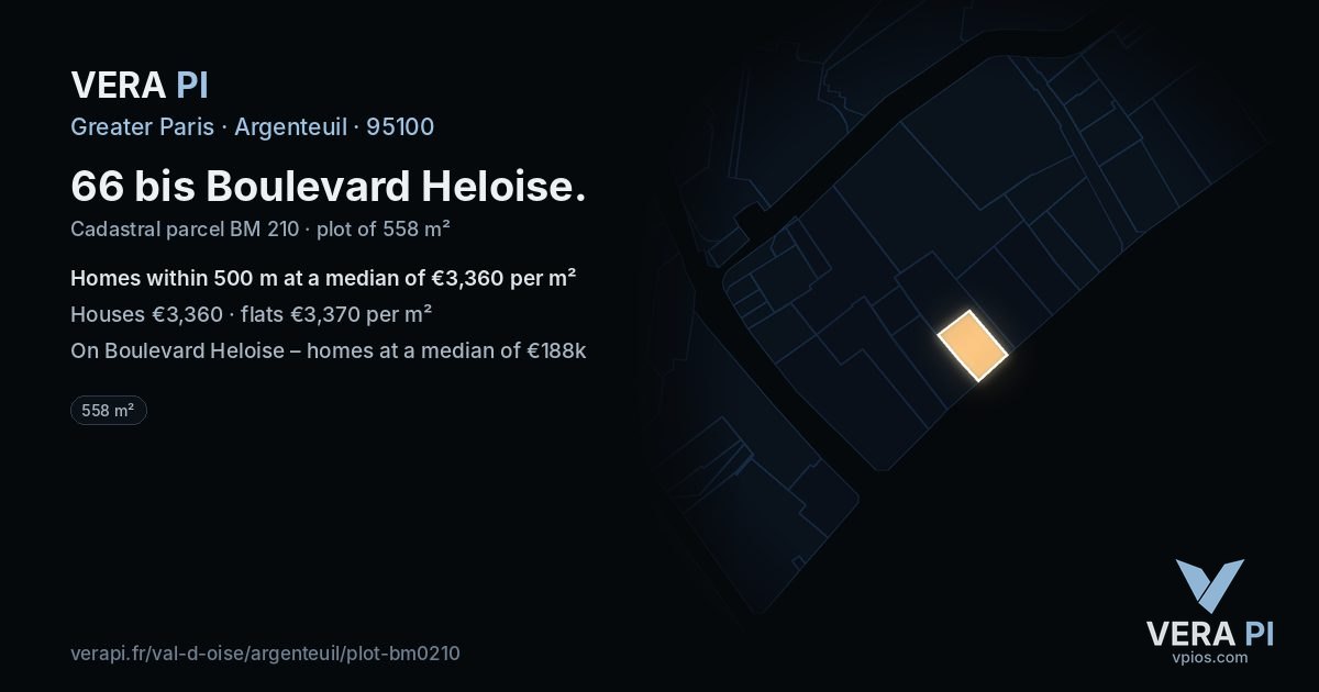 66 bis Boulevard Heloise, Argenteuil at night – the plot lit, the parcels around coloured by the prices near them