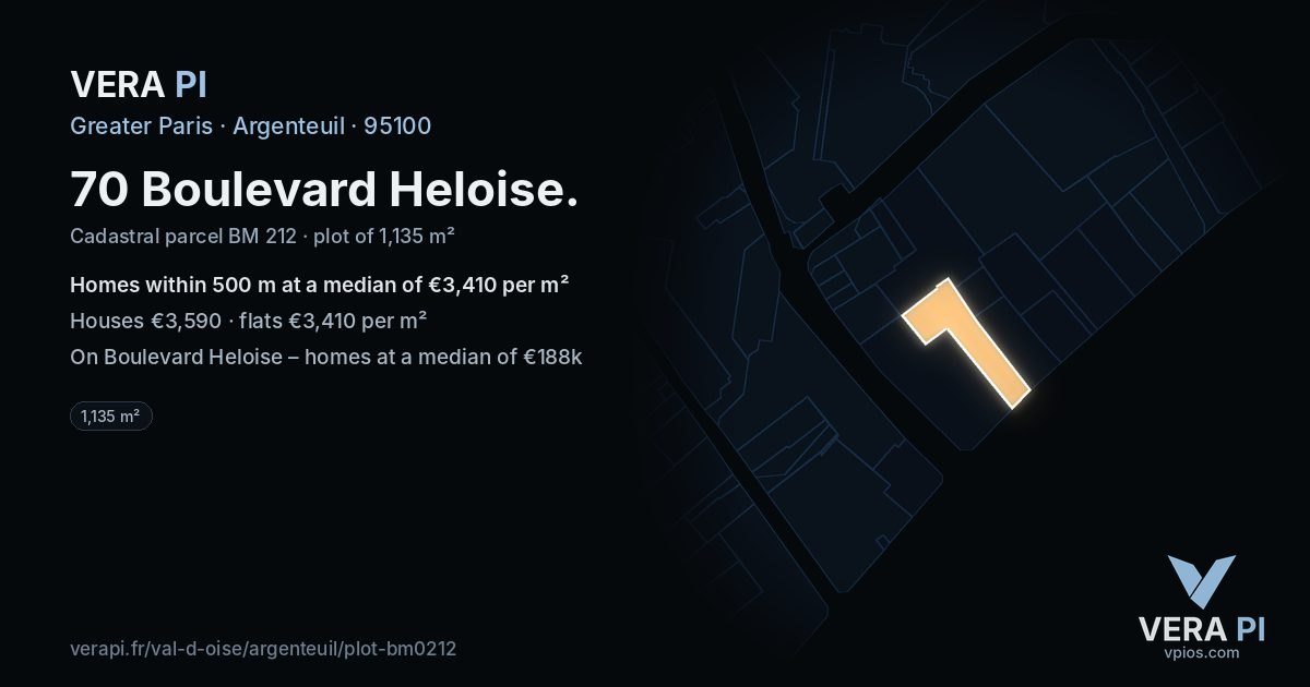 70 Boulevard Heloise, Argenteuil at night – the plot lit, the parcels around coloured by the prices near them
