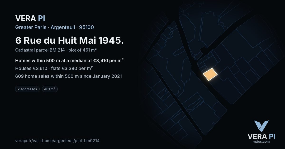 6 Rue du Huit Mai 1945, Argenteuil at night – the plot lit, the parcels around coloured by the prices near them