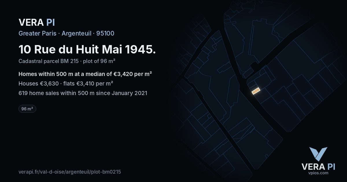 10 Rue du Huit Mai 1945, Argenteuil at night – the plot lit, the parcels around coloured by the prices near them