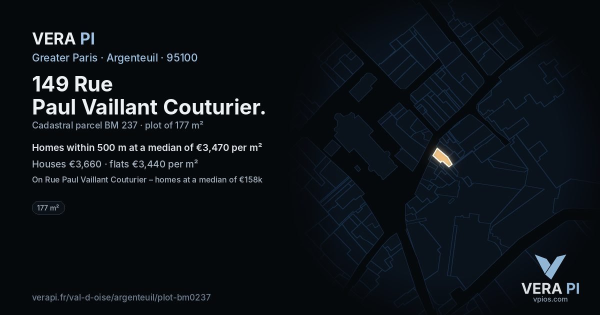149 Rue Paul Vaillant Couturier, Argenteuil at night – the plot lit, the parcels around coloured by the prices near them