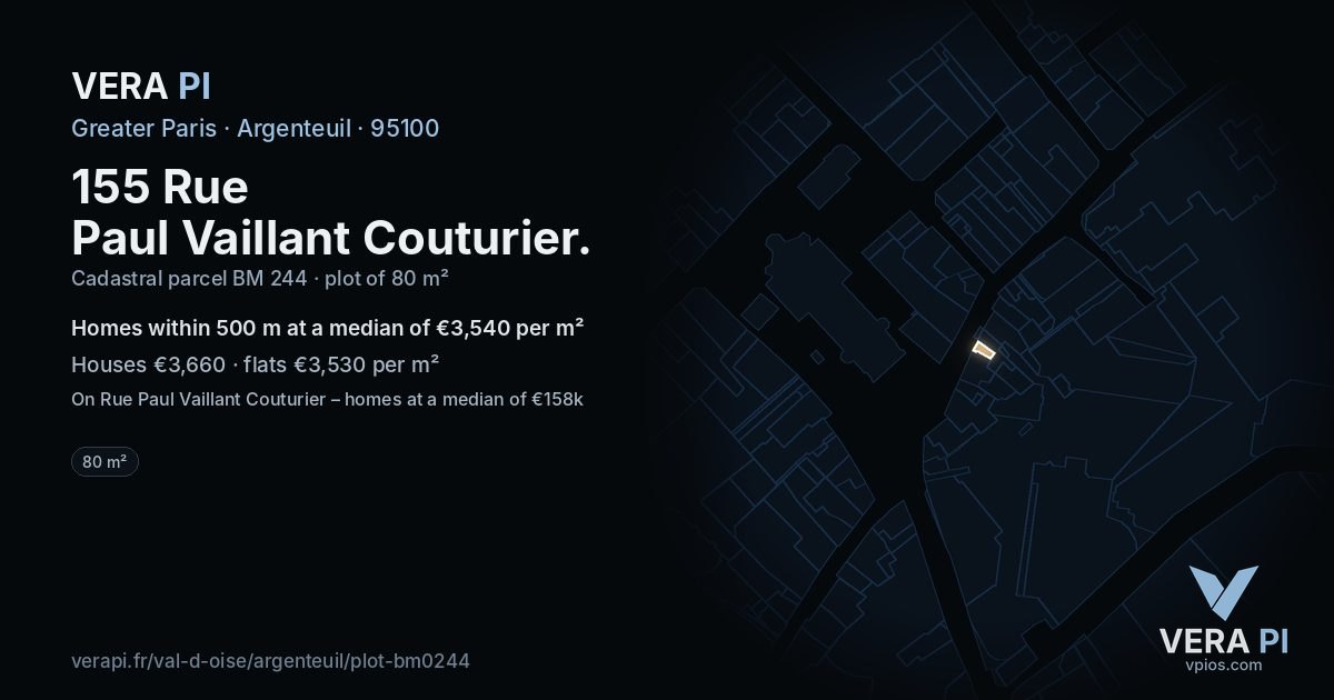155 Rue Paul Vaillant Couturier, Argenteuil at night – the plot lit, the parcels around coloured by the prices near them