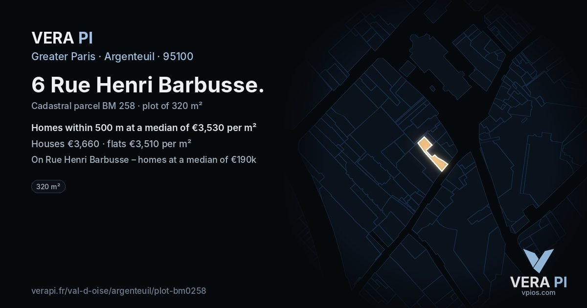 6 Rue Henri Barbusse, Argenteuil at night – the plot lit, the parcels around coloured by the prices near them