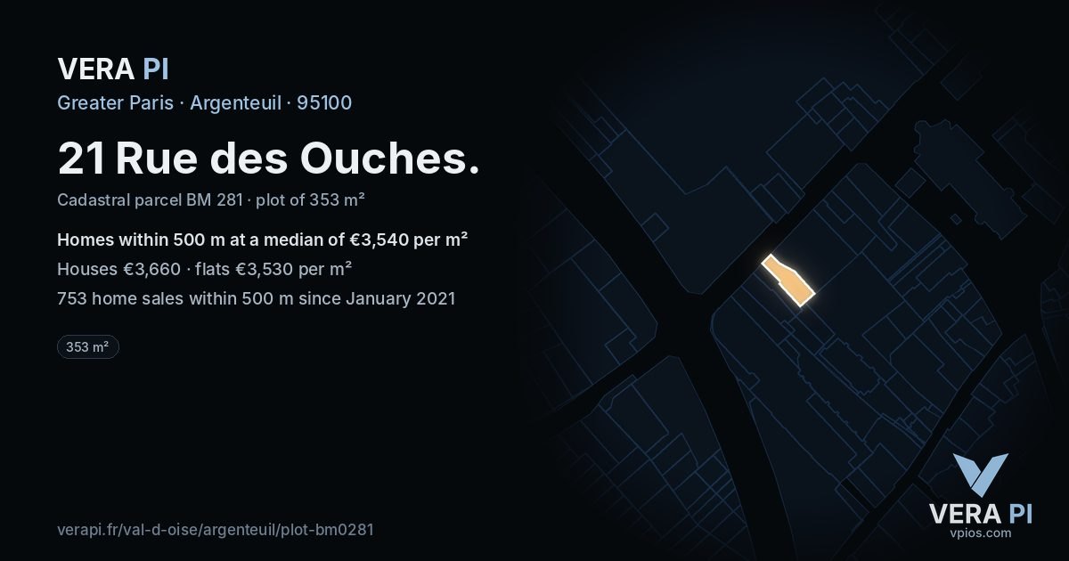21 Rue des Ouches, Argenteuil at night – the plot lit, the parcels around coloured by the prices near them
