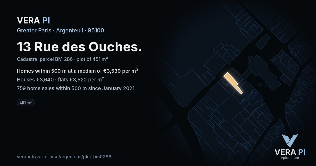 13 Rue des Ouches, Argenteuil at night – the plot lit, the parcels around coloured by the prices near them