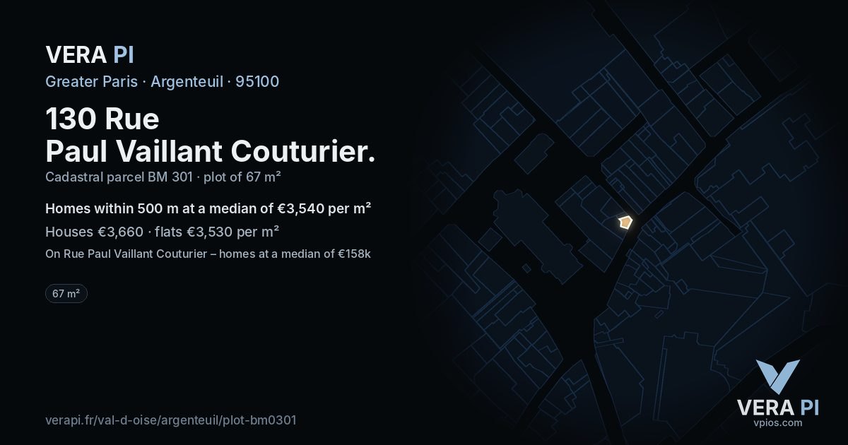 130 Rue Paul Vaillant Couturier, Argenteuil at night – the plot lit, the parcels around coloured by the prices near them