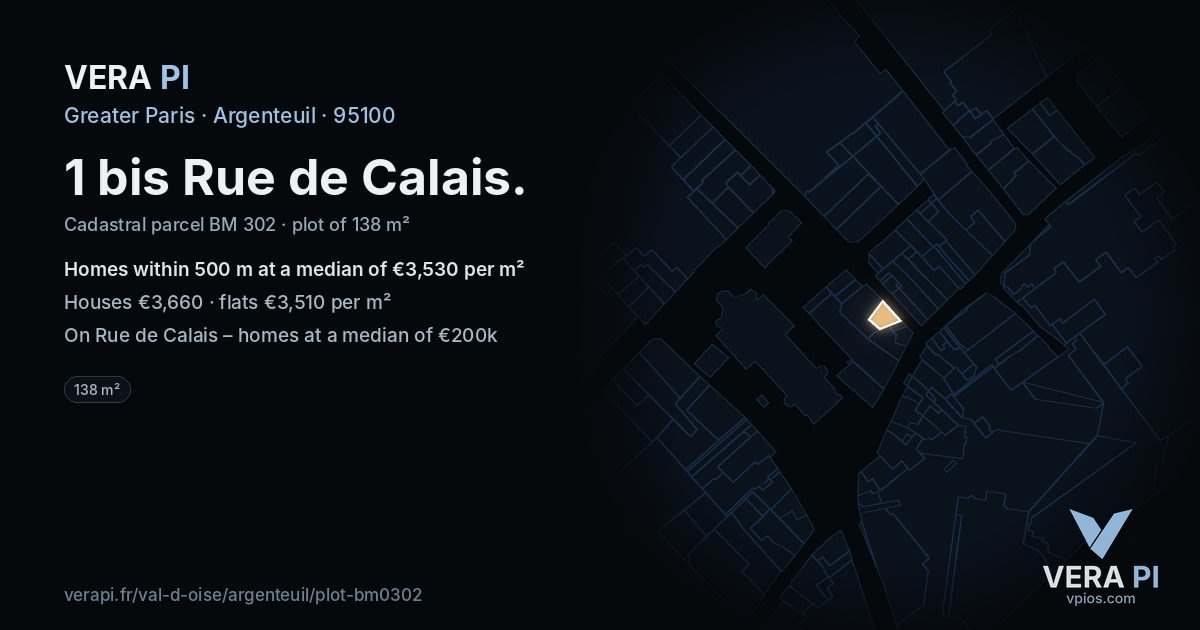 1 bis Rue de Calais, Argenteuil at night – the plot lit, the parcels around coloured by the prices near them