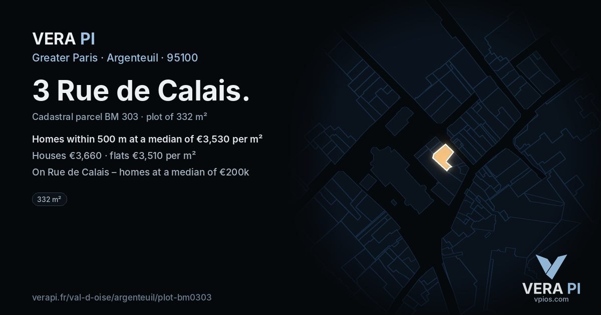 3 Rue de Calais, Argenteuil at night – the plot lit, the parcels around coloured by the prices near them