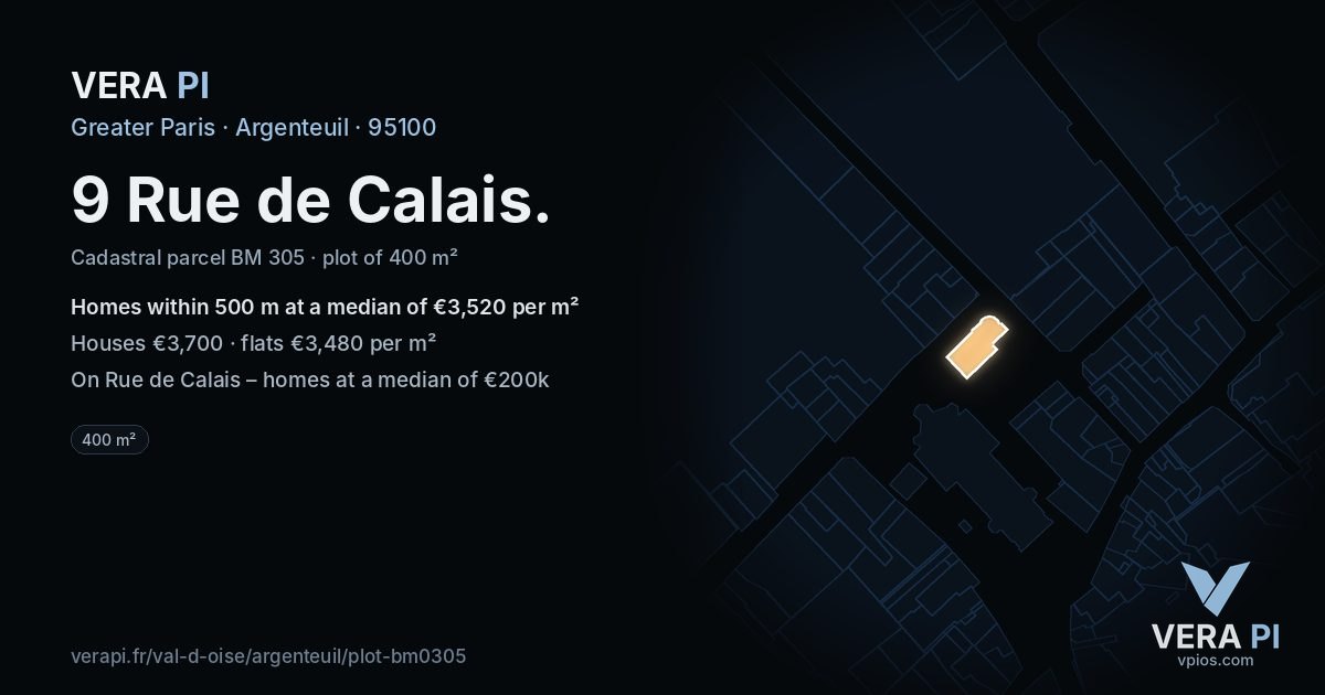 9 Rue de Calais, Argenteuil at night – the plot lit, the parcels around coloured by the prices near them