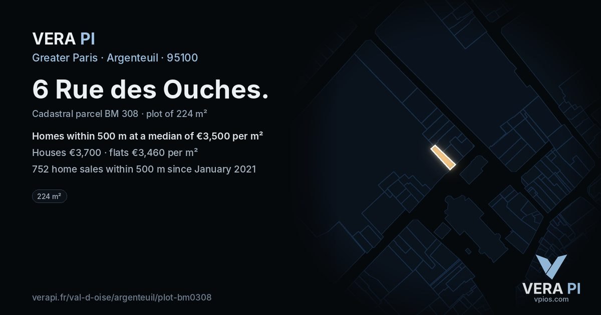 6 Rue des Ouches, Argenteuil at night – the plot lit, the parcels around coloured by the prices near them