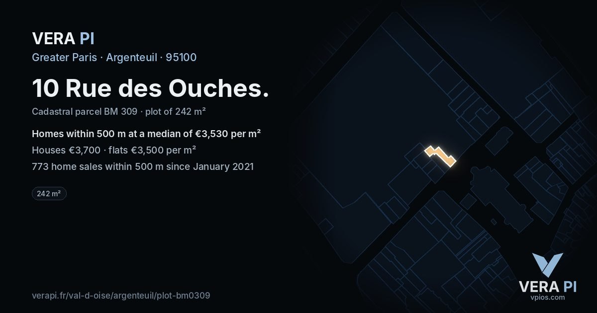 10 Rue des Ouches, Argenteuil at night – the plot lit, the parcels around coloured by the prices near them