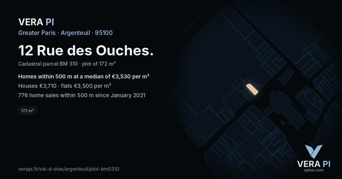 12 Rue des Ouches, Argenteuil at night – the plot lit, the parcels around coloured by the prices near them