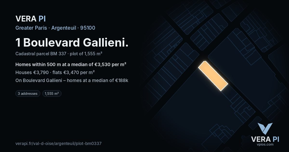 1 Boulevard Gallieni, Argenteuil at night – the plot lit, the parcels around coloured by the prices near them